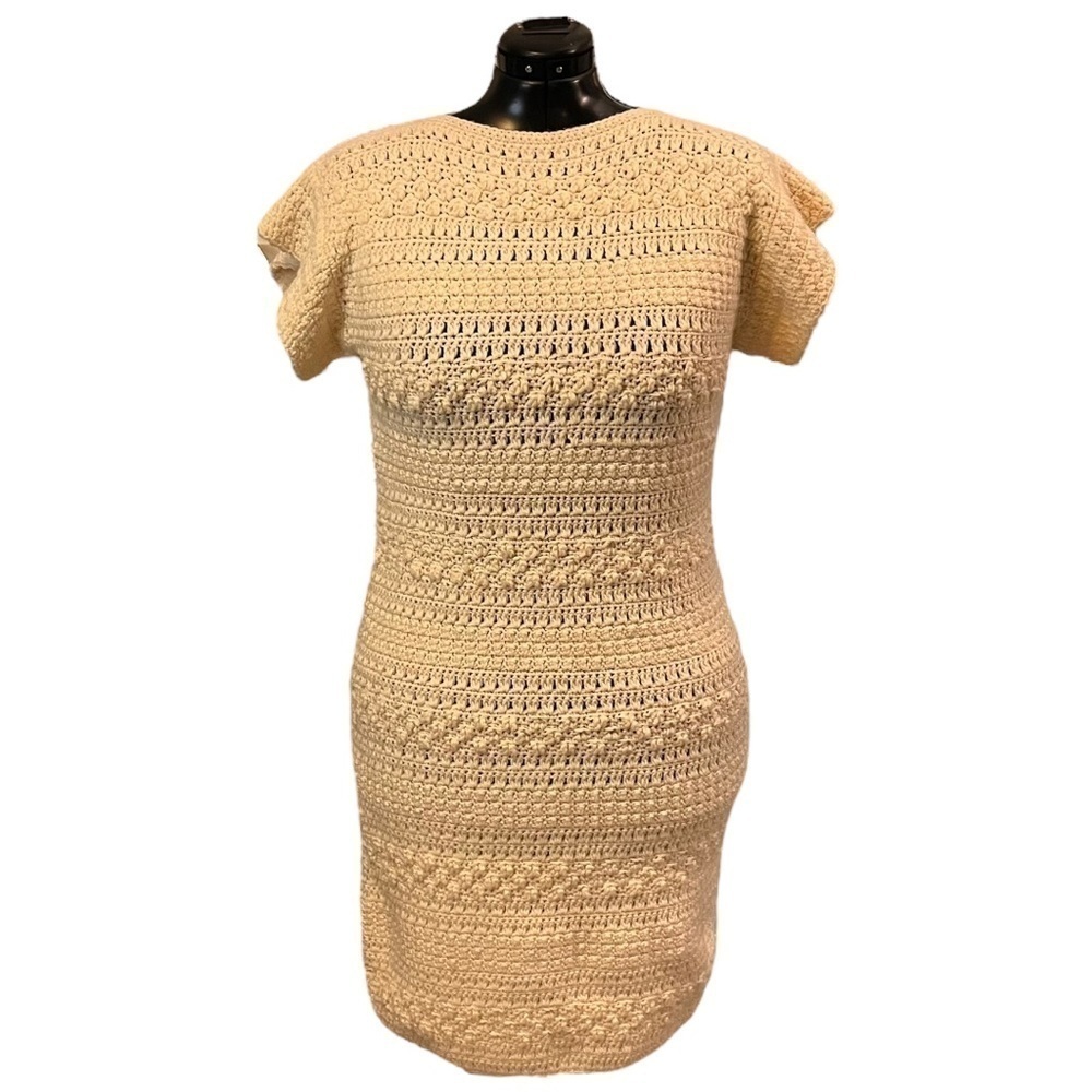 Handcrafted Boho Crochet Chunky Sweater Dress In Cream